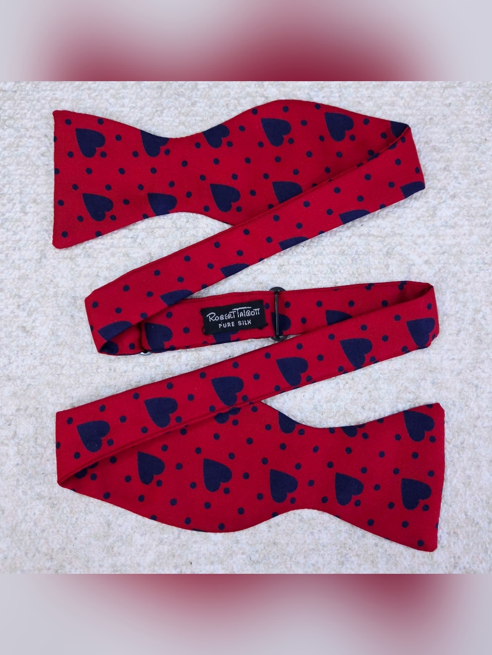 Vintage Robert Talbott Silk Bow Tie Red & Navy Blue Hearts Polka Dots